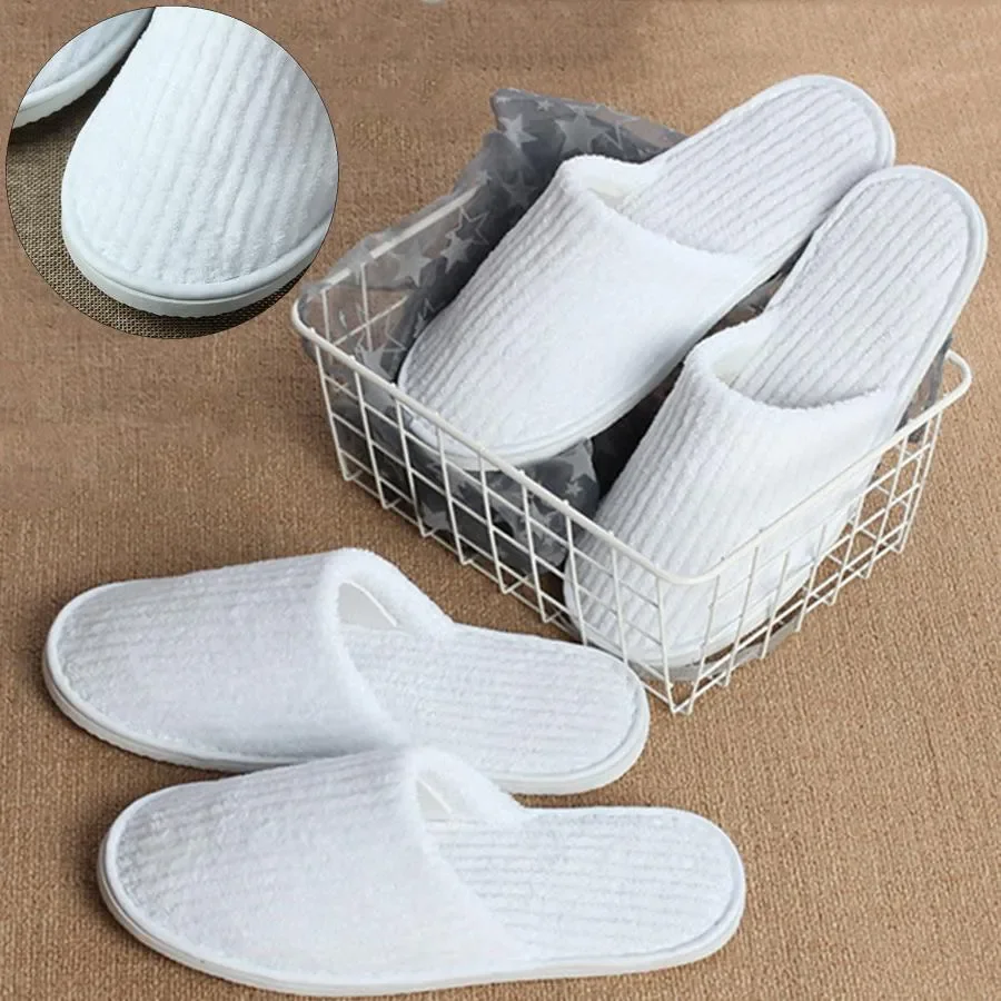 Custom White Poly Terry Disposable Slippers Closed Toe Design For Hotel Spa Wedding Hospital Travel Airline Hotel Amenities