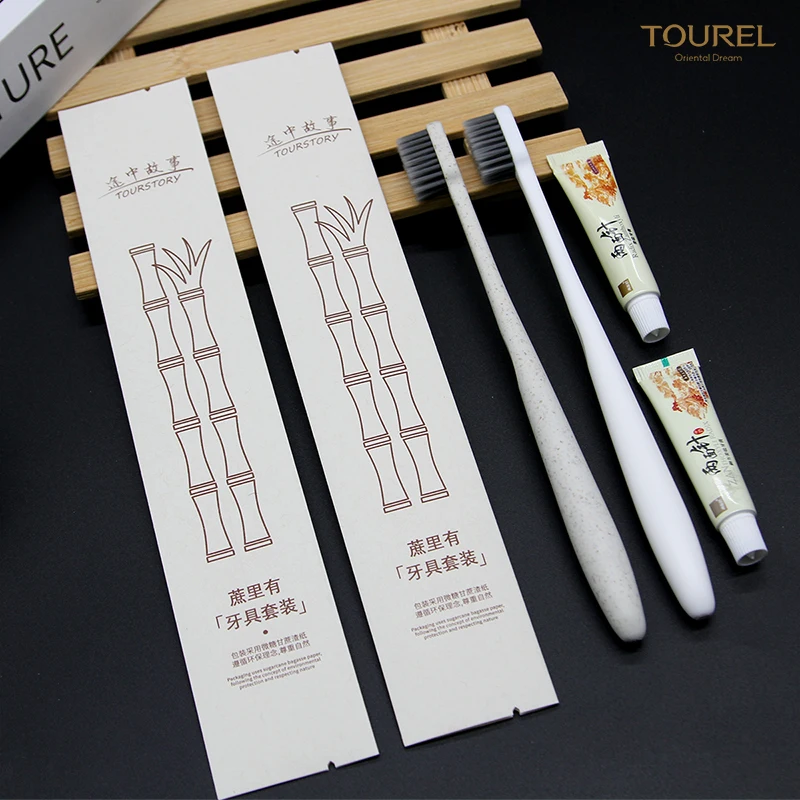 Set de artículos de tocador ecológico de papel de caña de azúcar personalizado con impresión de logotipo para hoteles y amenidades de viaje