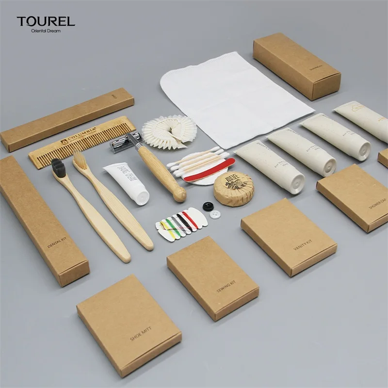 Amenidades para casa de huéspedes, empaque de sobre biodegradable para amenidades, caja de amenidades de hotel de bambú ecológica