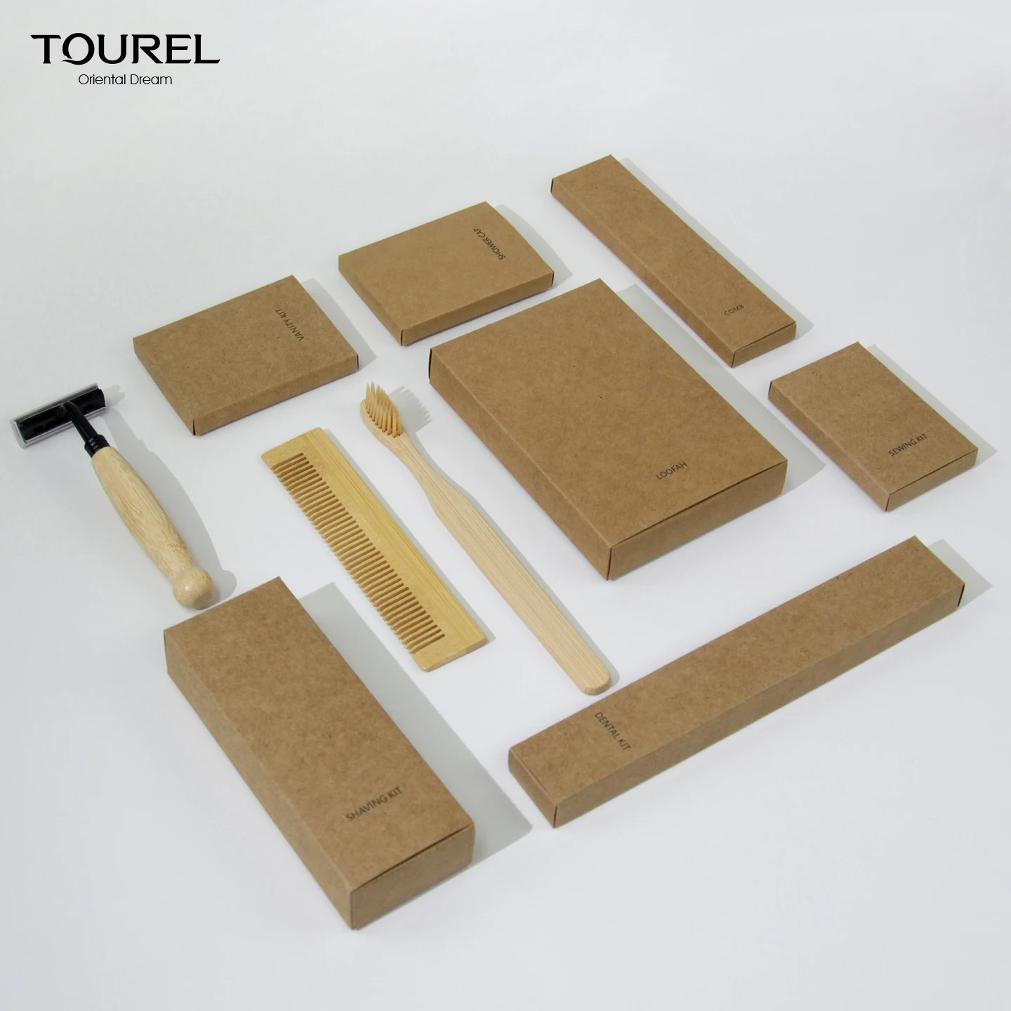 Kit de artículos de tocador desechables ecológicos de bambú para hotel, set de amenidades secas con cepillo de dientes, peine, navaja y gorro de ducha biodegradable