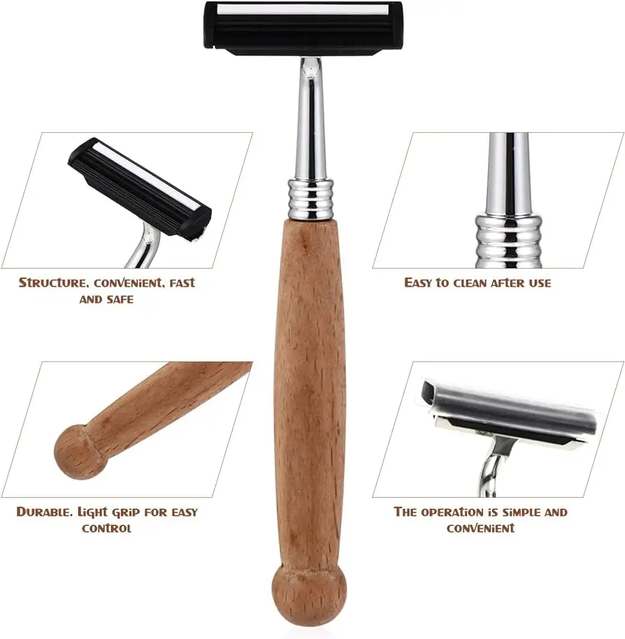 Maquinilla de afeitar desechable al por mayor, afeitadora manual de metal, hoja doble, mango de bambú natural, kit de afeitado facial para hombre personalizado